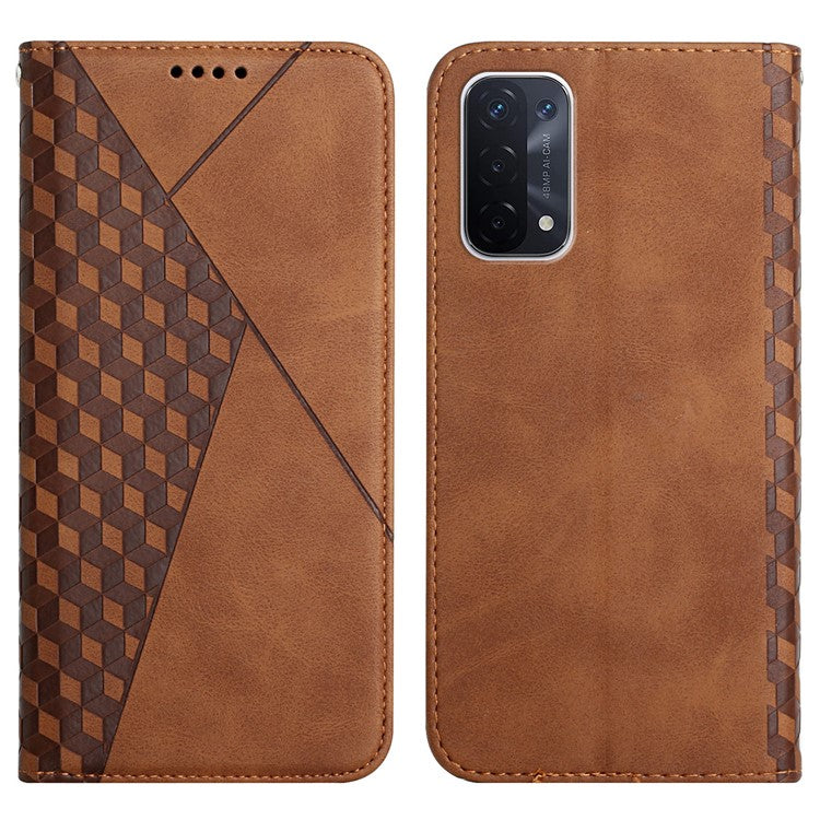 Skin-touch Feel Fall Prevention Geometric Pattern Auto-absorbed Leather Case with Stand Wallet for Oppo A54 5G/A74 5G/A93 5G - Brown