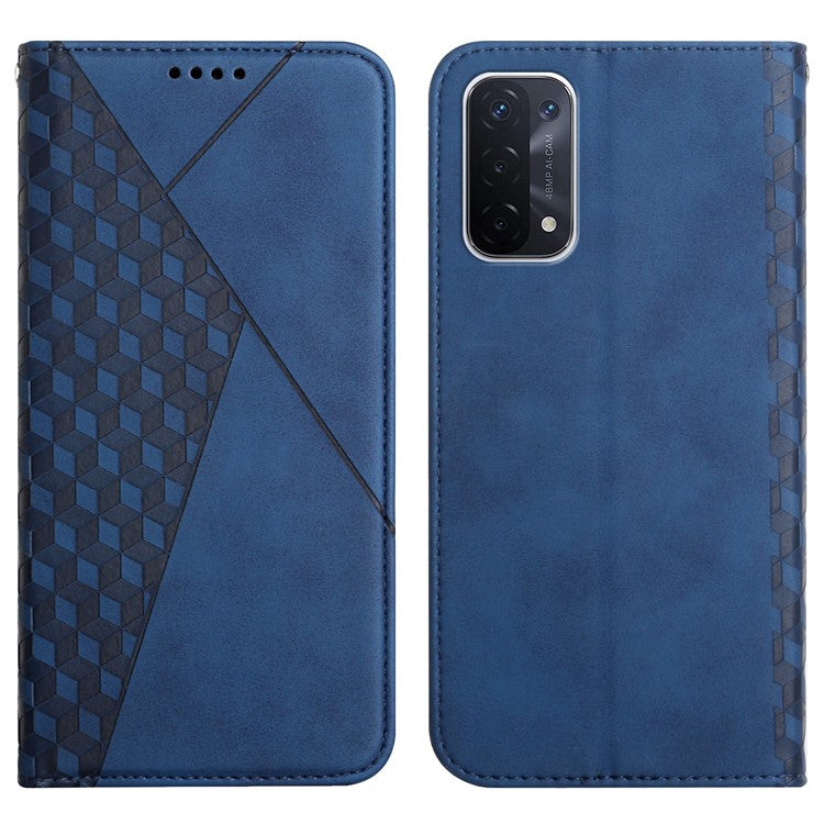 Skin-touch Feel Fall Prevention Geometric Pattern Auto-absorbed Leather Case with Stand Wallet for Oppo A54 5G/A74 5G/A93 5G - Blue