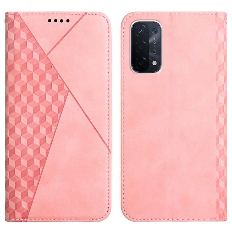 Skin-touch Feel Fall Prevention Geometric Pattern Auto-absorbed Leather Case with Stand Wallet for Oppo A54 5G/A74 5G/A93 5G - Rose Gold