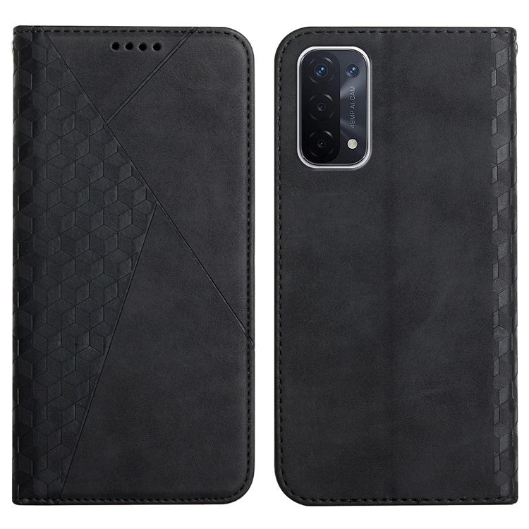 Skin-touch Feel Fall Prevention Geometric Pattern Auto-absorbed Leather Case with Stand Wallet for Oppo A54 5G/A74 5G/A93 5G - Black