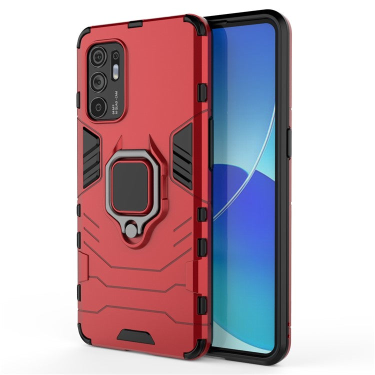 Shockproof Protection Soft TPU Bumper + Hard PC Back Case with Ring Kickstand for Oppo Reno6 4G - Red