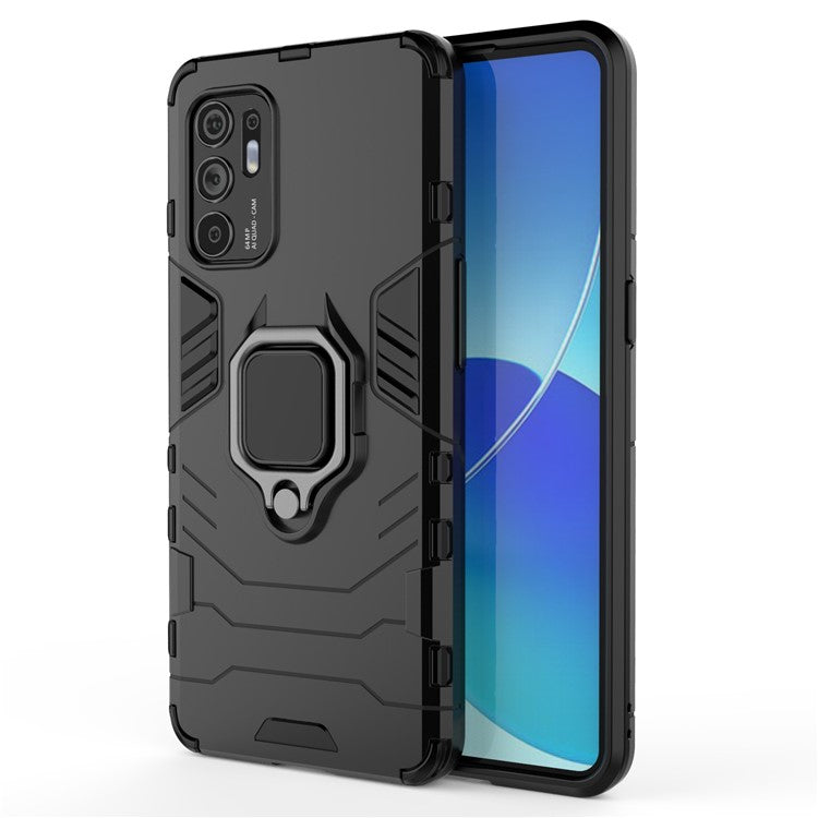 Shockproof Protection Soft TPU Bumper + Hard PC Back Case with Ring Kickstand for Oppo Reno6 4G - Black