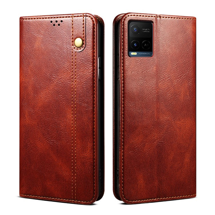 Waxy Crazy Horse Texture Wallet Stand Design Magnetic Auto-absorbed Protective PU Leather Phone Case Cover for vivo Y21 - Brown