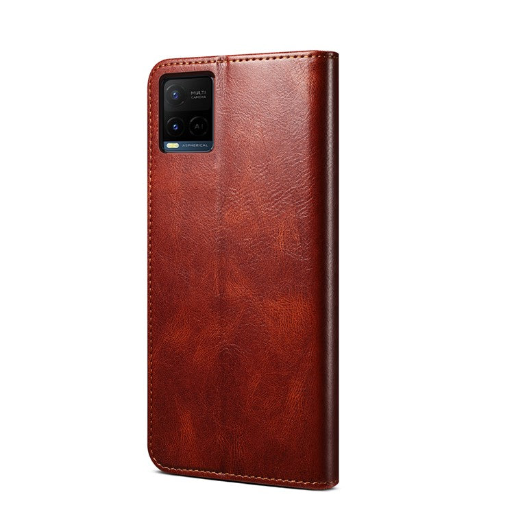 Waxy Crazy Horse Texture Wallet Stand Design Magnetic Auto-absorbed Protective PU Leather Phone Case Cover for vivo Y21 - Brown