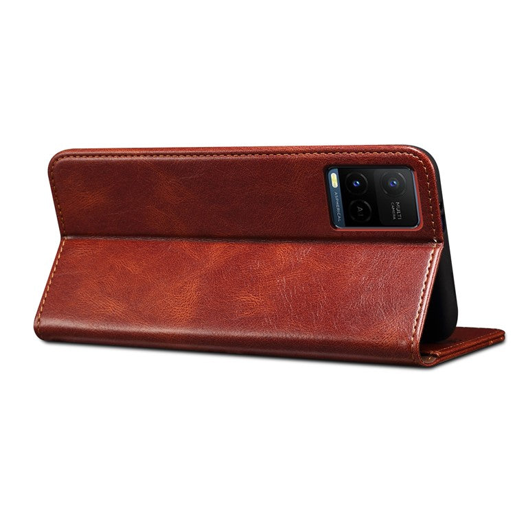 Waxy Crazy Horse Texture Wallet Stand Design Magnetic Auto-absorbed Protective PU Leather Phone Case Cover for vivo Y21 - Brown