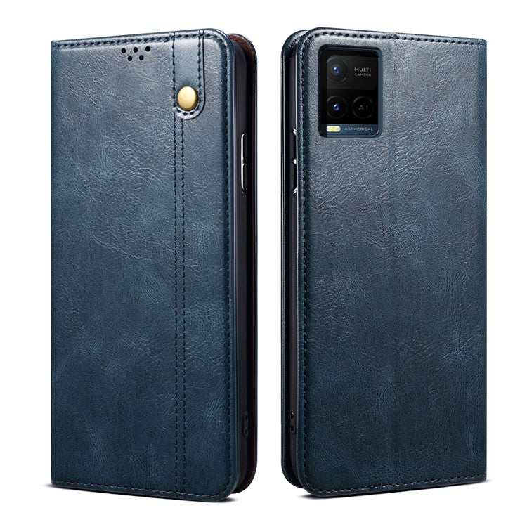 Waxy Crazy Horse Texture Wallet Stand Design Magnetic Auto-absorbed Protective PU Leather Phone Case Cover for vivo Y21 - Blue