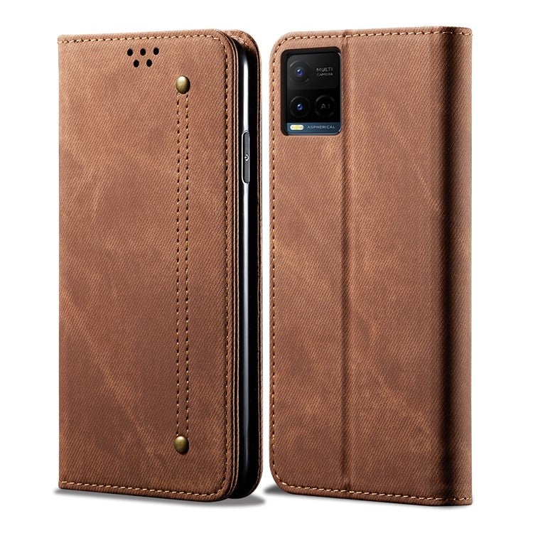 Jeans Cloth Texture Auto-absorbed Shockproof Wallet Design Full Body Protection Leather Phone Case with Stand for vivo Y21/Y33s -  Brown