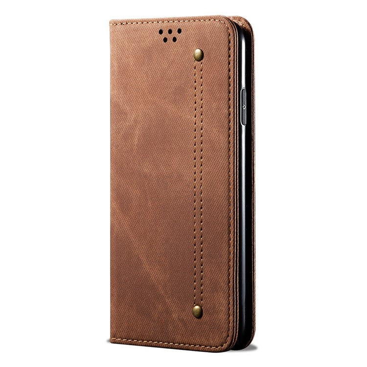 Jeans Cloth Texture Auto-absorbed Shockproof Wallet Design Full Body Protection Leather Phone Case with Stand for vivo Y21/Y33s -  Brown