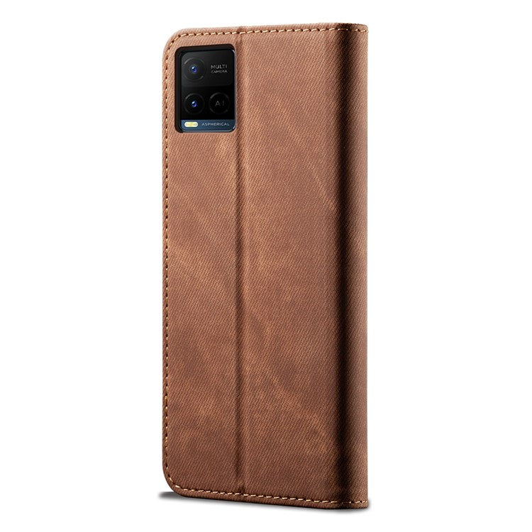 Jeans Cloth Texture Auto-absorbed Shockproof Wallet Design Full Body Protection Leather Phone Case with Stand for vivo Y21/Y33s -  Brown