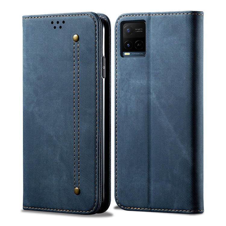 Jeans Cloth Texture Auto-absorbed Shockproof Wallet Design Full Body Protection Leather Phone Case with Stand for vivo Y21/Y33s -  Blue