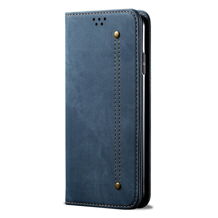 Jeans Cloth Texture Auto-absorbed Shockproof Wallet Design Full Body Protection Leather Phone Case with Stand for vivo Y21/Y33s -  Blue