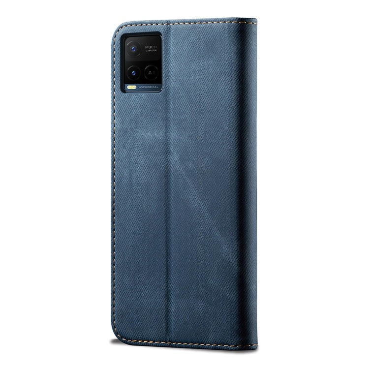 Jeans Cloth Texture Auto-absorbed Shockproof Wallet Design Full Body Protection Leather Phone Case with Stand for vivo Y21/Y33s -  Blue