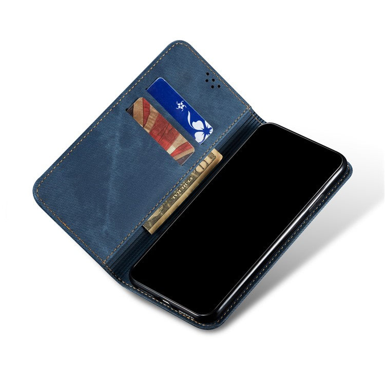 Jeans Cloth Texture Auto-absorbed Shockproof Wallet Design Full Body Protection Leather Phone Case with Stand for vivo Y21/Y33s -  Blue