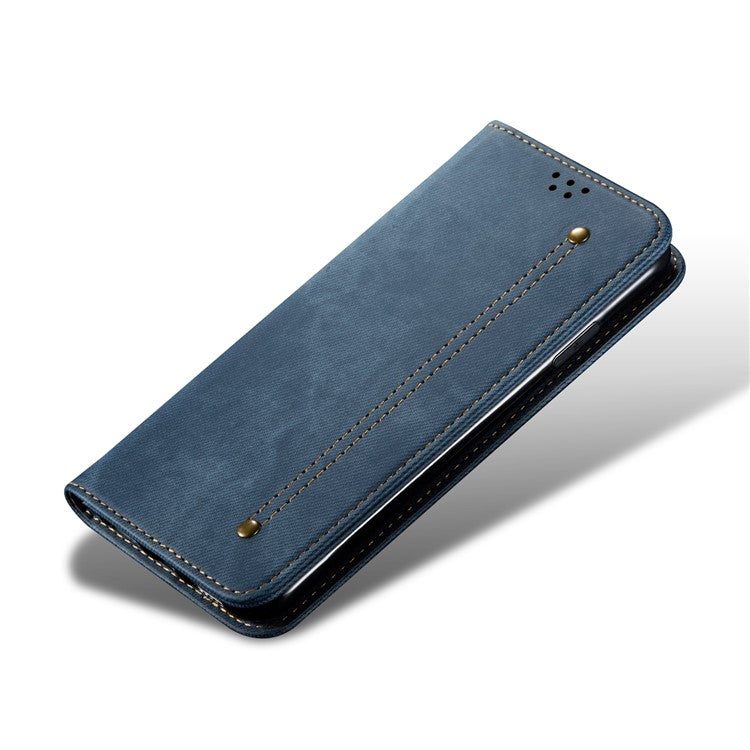 Jeans Cloth Texture Auto-absorbed Shockproof Wallet Design Full Body Protection Leather Phone Case with Stand for vivo Y21/Y33s -  Blue