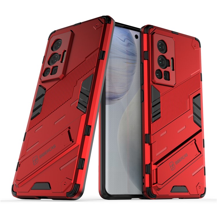 Reinforced Drop Protection Hard PC Back + Flexible TPU Bumper Hybrid Case with Kickstand for vivo X70 Pro - Red