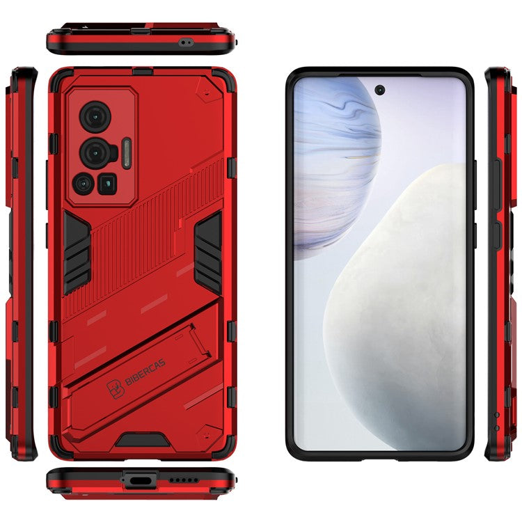 Reinforced Drop Protection Hard PC Back + Flexible TPU Bumper Hybrid Case with Kickstand for vivo X70 Pro - Red