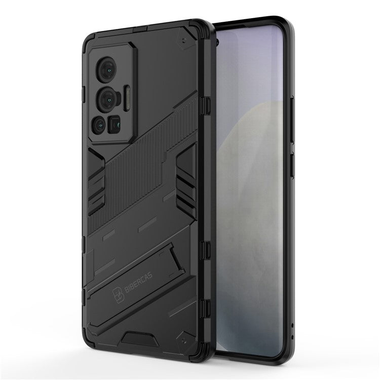 Reinforced Drop Protection Hard PC Back + Flexible TPU Bumper Hybrid Case with Kickstand for vivo X70 Pro - Black