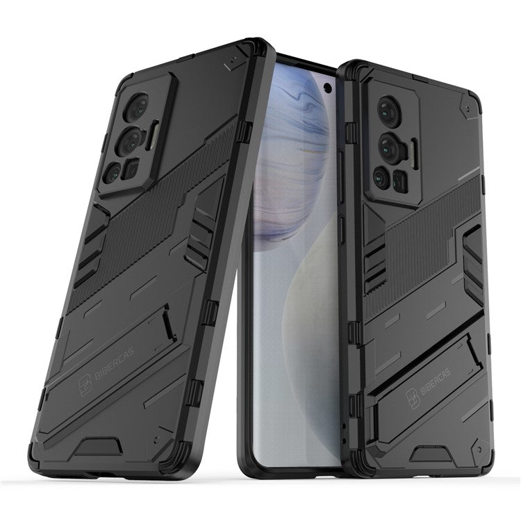 Reinforced Drop Protection Hard PC Back + Flexible TPU Bumper Hybrid Case with Kickstand for vivo X70 Pro - Black