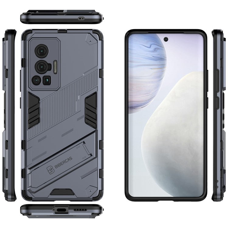 Reinforced Drop Protection Hard PC Back + Flexible TPU Bumper Hybrid Case with Kickstand for vivo X70 Pro - Dark Blue