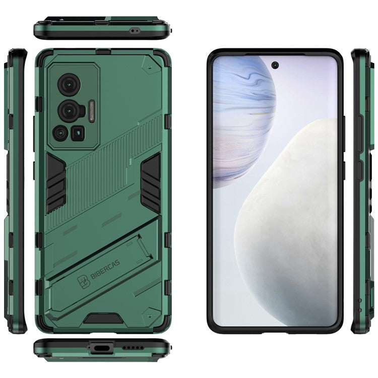 Reinforced Drop Protection Hard PC Back + Flexible TPU Bumper Hybrid Case with Kickstand for vivo X70 Pro - Green