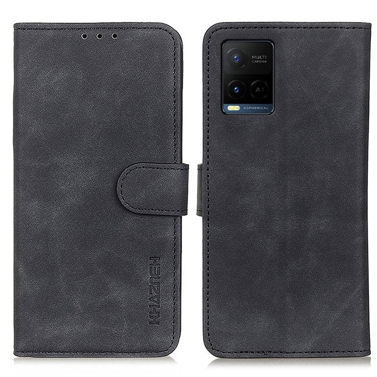 KHAZNEH Retro Grain PU Leather Phone Cover Wallet Standing Phone Case for vivo Y33s/Y21/Y21s - Black