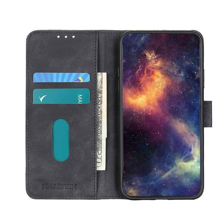 KHAZNEH Retro Grain PU Leather Phone Cover Wallet Standing Phone Case for vivo Y33s/Y21/Y21s - Black