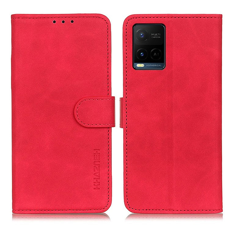 KHAZNEH Retro Grain PU Leather Phone Cover Wallet Standing Phone Case for vivo Y33s/Y21/Y21s - Red