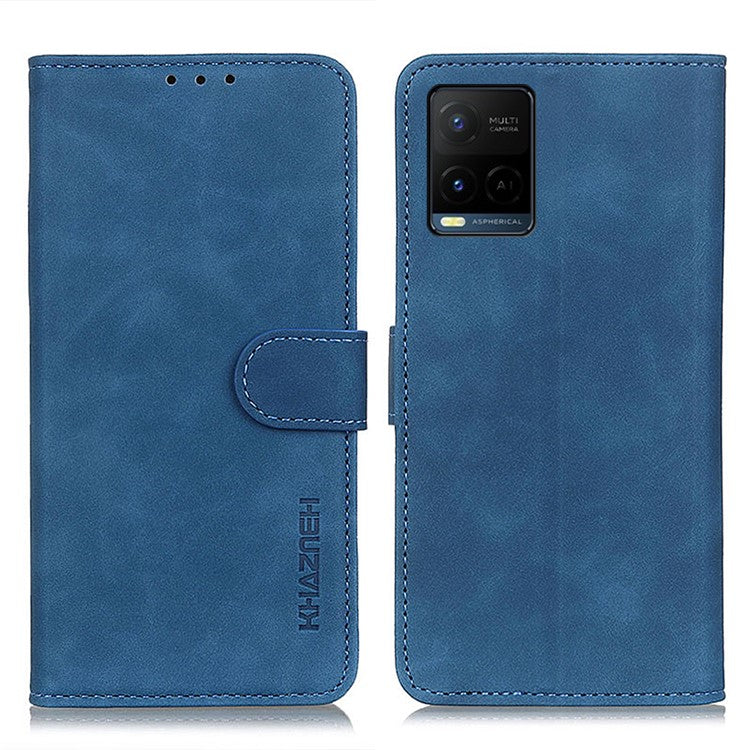 KHAZNEH Retro Grain PU Leather Phone Cover Wallet Standing Phone Case for vivo Y33s/Y21/Y21s - Blue