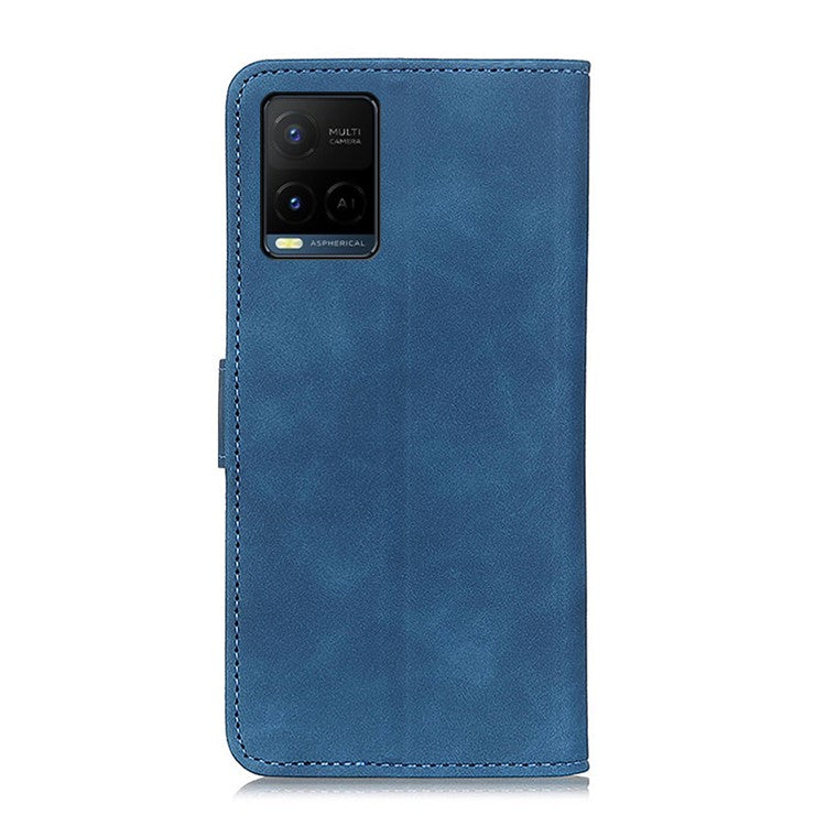 KHAZNEH Retro Grain PU Leather Phone Cover Wallet Standing Phone Case for vivo Y33s/Y21/Y21s - Blue