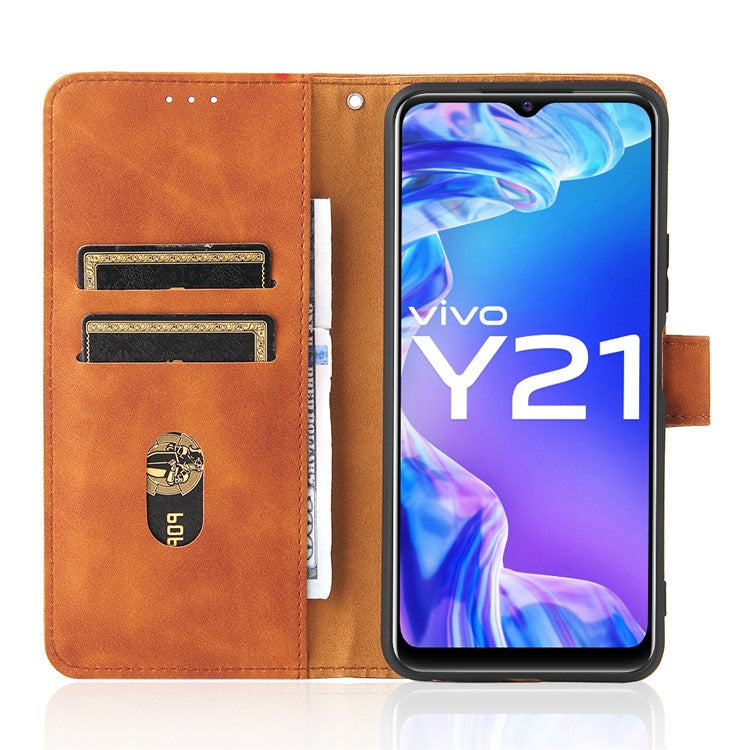 Stand Design Flip Phone Cover Skin-touch Wallet Magnetic Clasp Leather Case Phone Protective Cover for vivo Y21 / vivo Y33s - Brown