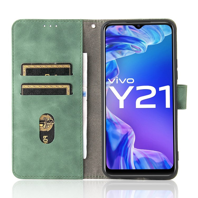 Stand Design Flip Phone Cover Skin-touch Wallet Magnetic Clasp Leather Case Phone Protective Cover for vivo Y21 / vivo Y33s - Green