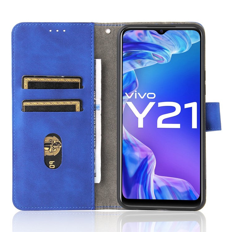 Stand Design Flip Phone Cover Skin-touch Wallet Magnetic Clasp Leather Case Phone Protective Cover for vivo Y21 / vivo Y33s - Blue