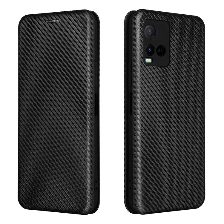 Carbon Fiber Texture Well-Protected Stylish Precise Cutout Auto-absorbed Leather Phone Case with Card Slot for vivo Y21/Y33s - Black