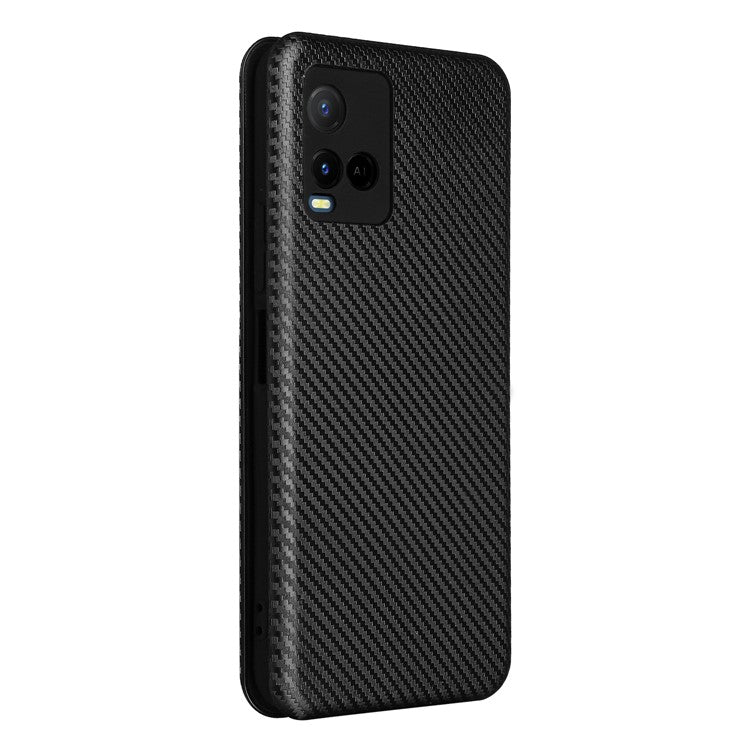 Carbon Fiber Texture Well-Protected Stylish Precise Cutout Auto-absorbed Leather Phone Case with Card Slot for vivo Y21/Y33s - Black