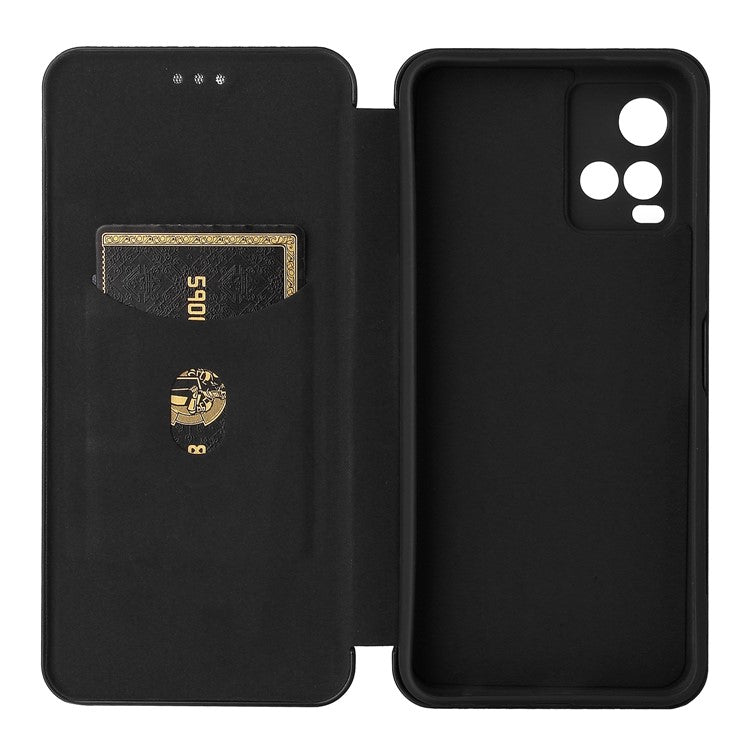 Carbon Fiber Texture Well-Protected Stylish Precise Cutout Auto-absorbed Leather Phone Case with Card Slot for vivo Y21/Y33s - Black