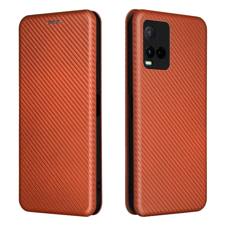 Carbon Fiber Texture Well-Protected Stylish Precise Cutout Auto-absorbed Leather Phone Case with Card Slot for vivo Y21/Y33s - Orange