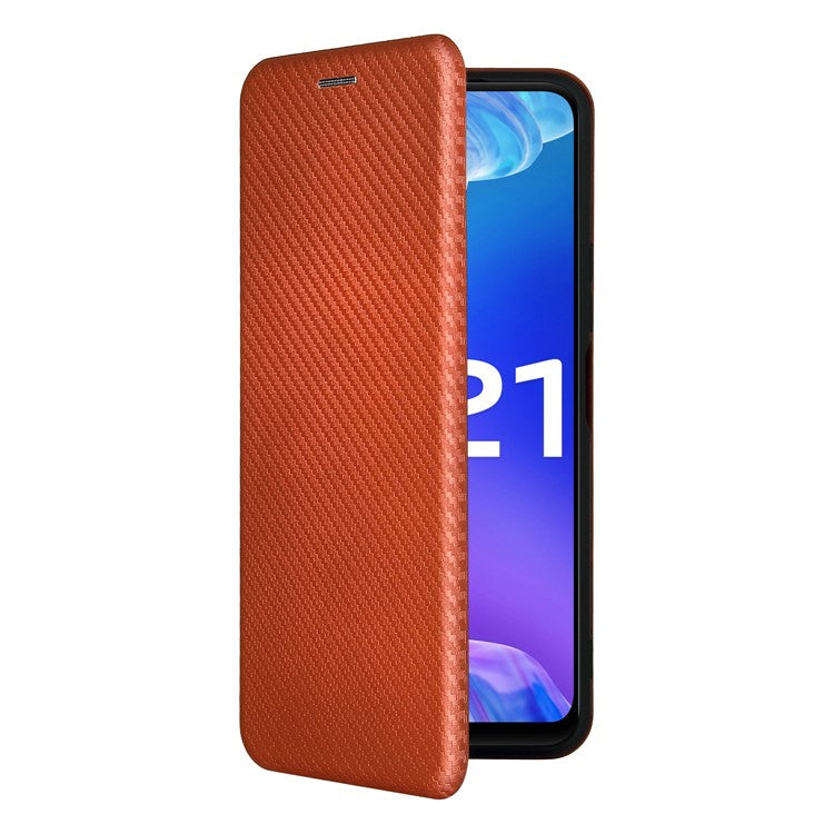 Carbon Fiber Texture Well-Protected Stylish Precise Cutout Auto-absorbed Leather Phone Case with Card Slot for vivo Y21/Y33s - Orange