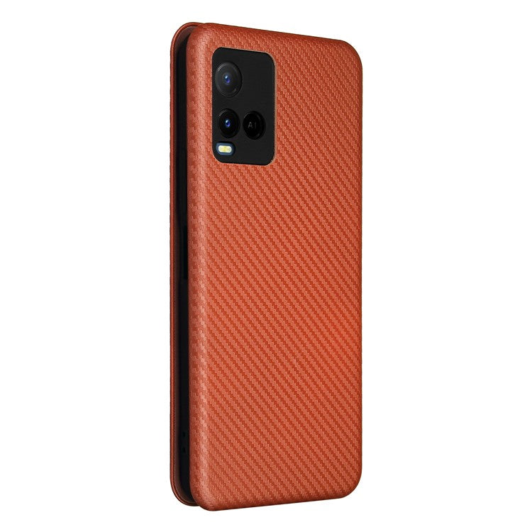 Carbon Fiber Texture Well-Protected Stylish Precise Cutout Auto-absorbed Leather Phone Case with Card Slot for vivo Y21/Y33s - Orange