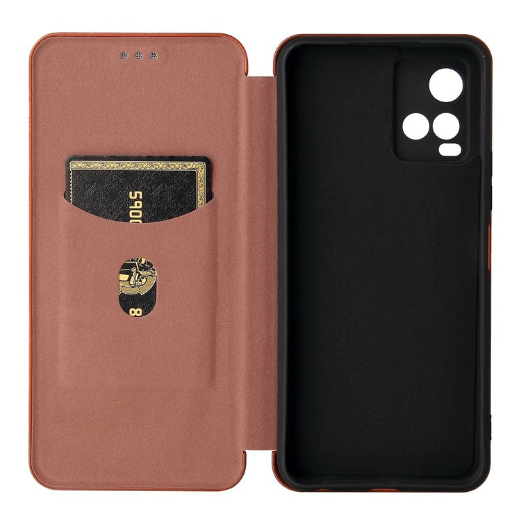 Carbon Fiber Texture Well-Protected Stylish Precise Cutout Auto-absorbed Leather Phone Case with Card Slot for vivo Y21/Y33s - Orange