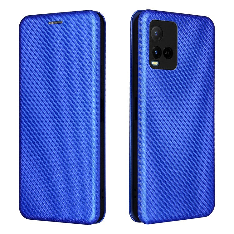 Carbon Fiber Texture Well-Protected Stylish Precise Cutout Auto-absorbed Leather Phone Case with Card Slot for vivo Y21/Y33s - Blue