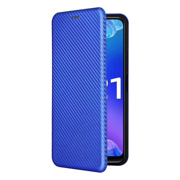 Carbon Fiber Texture Well-Protected Stylish Precise Cutout Auto-absorbed Leather Phone Case with Card Slot for vivo Y21/Y33s - Blue