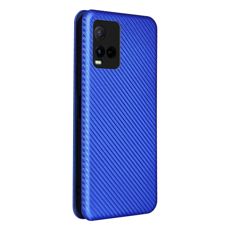 Carbon Fiber Texture Well-Protected Stylish Precise Cutout Auto-absorbed Leather Phone Case with Card Slot for vivo Y21/Y33s - Blue