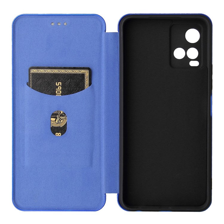 Carbon Fiber Texture Well-Protected Stylish Precise Cutout Auto-absorbed Leather Phone Case with Card Slot for vivo Y21/Y33s - Blue