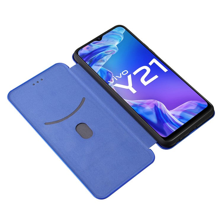 Carbon Fiber Texture Well-Protected Stylish Precise Cutout Auto-absorbed Leather Phone Case with Card Slot for vivo Y21/Y33s - Blue