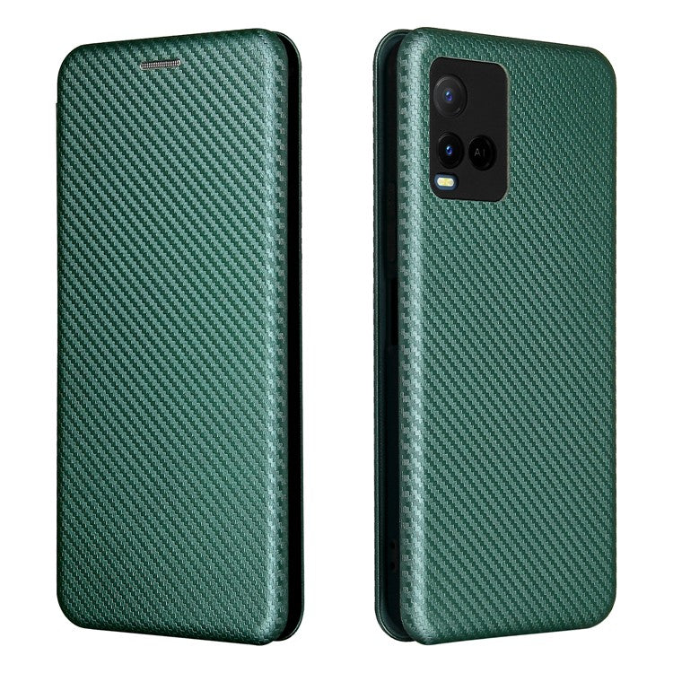 Carbon Fiber Texture Well-Protected Stylish Precise Cutout Auto-absorbed Leather Phone Case with Card Slot for vivo Y21/Y33s - Green