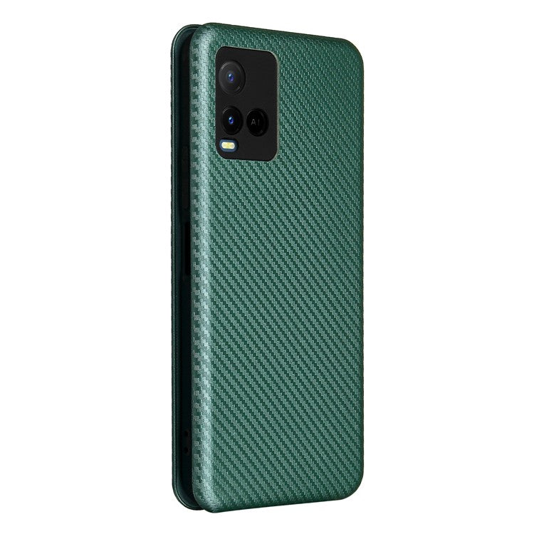 Carbon Fiber Texture Well-Protected Stylish Precise Cutout Auto-absorbed Leather Phone Case with Card Slot for vivo Y21/Y33s - Green