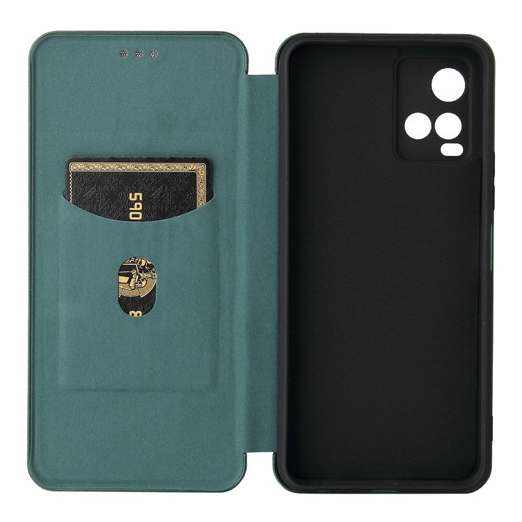 Carbon Fiber Texture Well-Protected Stylish Precise Cutout Auto-absorbed Leather Phone Case with Card Slot for vivo Y21/Y33s - Green