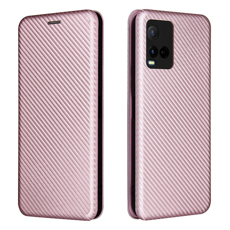 Carbon Fiber Texture Well-Protected Stylish Precise Cutout Auto-absorbed Leather Phone Case with Card Slot for vivo Y21/Y33s - Rose Gold