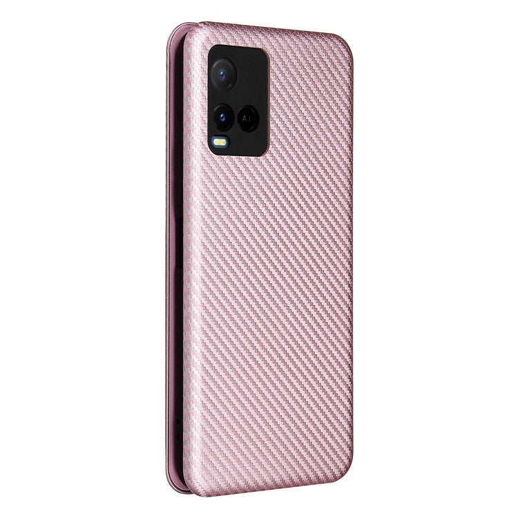 Carbon Fiber Texture Well-Protected Stylish Precise Cutout Auto-absorbed Leather Phone Case with Card Slot for vivo Y21/Y33s - Rose Gold