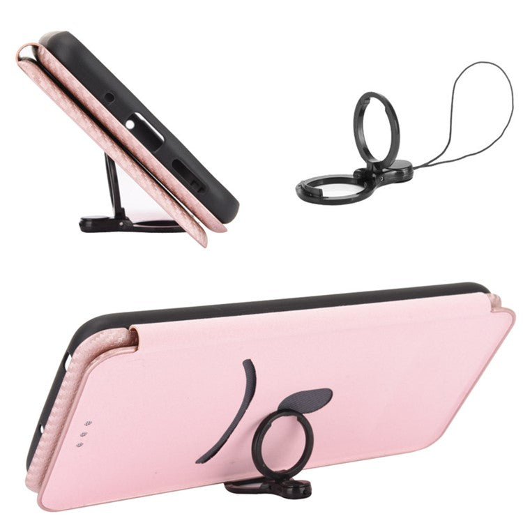 Carbon Fiber Texture Well-Protected Stylish Precise Cutout Auto-absorbed Leather Phone Case with Card Slot for vivo Y21/Y33s - Rose Gold